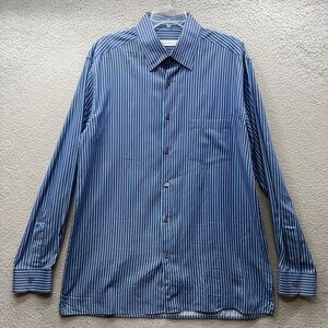 Ermenegildo Zegna Button Up Shirt Blue Striped 100% Cotton Sateen Italy Men’s XL